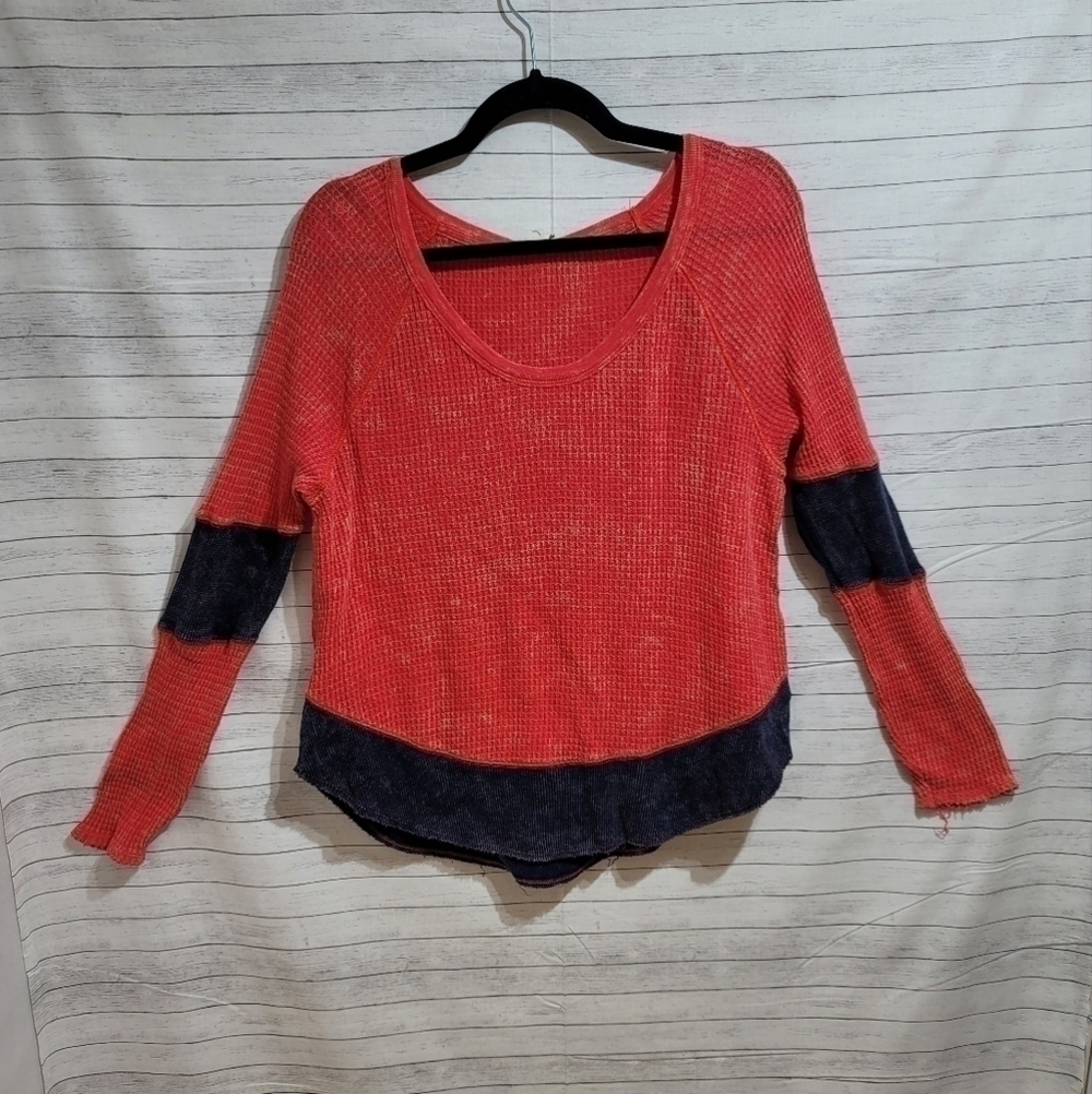 WE THE FREE THERMAL BASKET WEAVE COLOR BLOCK LONG SLEEVE TOP SZ SMALL